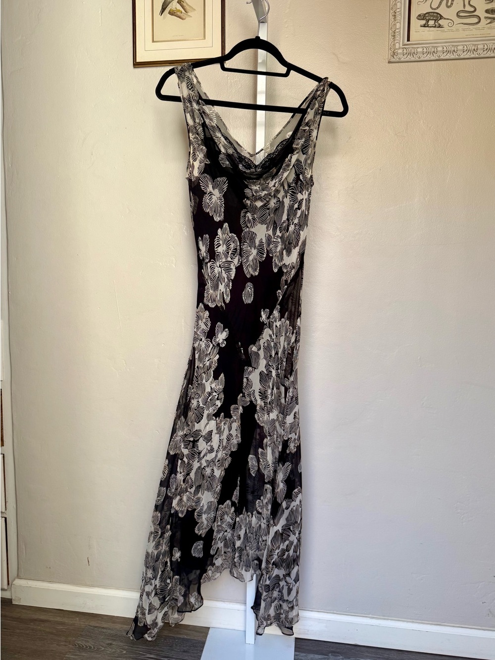 Vintage SILK Black and White ICE Floral Fairy Cowl Slip Dress size 10